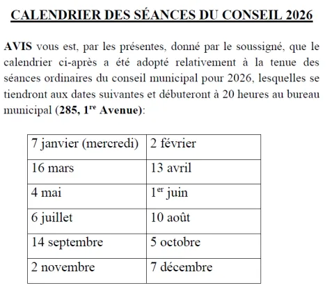 Calendrier des séances 2026